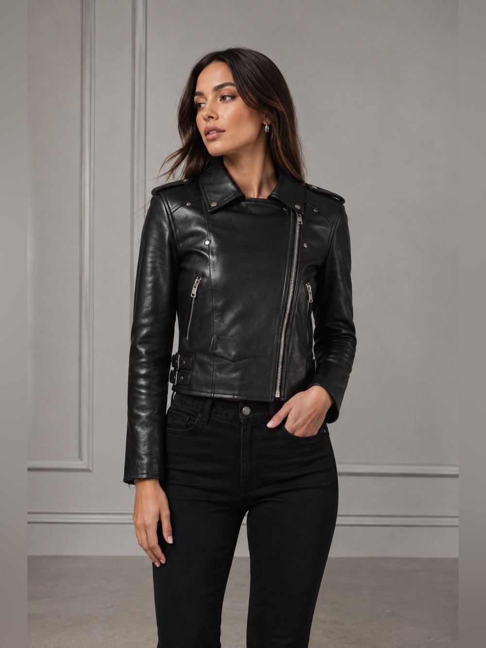 WALTER BAKER Liz Lamb Leather Crop Moto Jacket Black Size Medium ($698) B1685